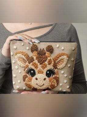 Giraffe Pom-Pom Travel Pouch - Brown